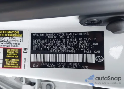 2021 Lexus Es 350 F Sport from USA, damaged, VIN 58AGZ1B10MU110193